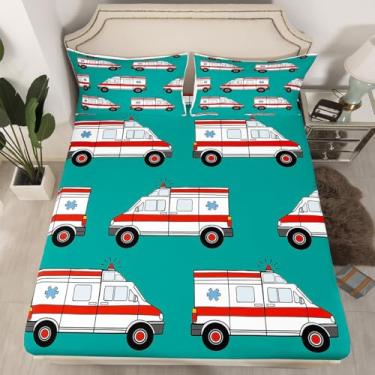Imagem de Feelyou Conjunto De Lençóis Ambulância Para Crianças, Ajustados Carros, Meninos E Meninas, Decoração Desenho Animado, Roupa Cama Microfibra, Veículos Emergência, Colcha Verde, Quarto, Tamanho Soltei