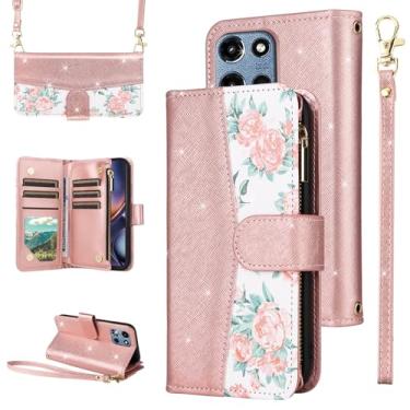 Imagem de Furiet Capa carteira floral para Motorola Moto G 5G 2025 com alça de pulso/ombro, suporte de cartão de couro PU com glitter de luxo acessórios para celular G5G 5 G G5 feminino ouro rosa