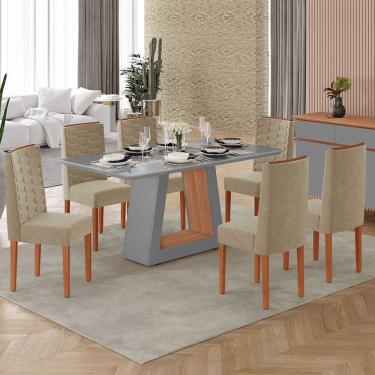 Imagem de Sala de Jantar Heloize 100% MDF Tampo de Vidro 1,60 + 6 Cadeiras Acolchoadas Coral Tuboarte