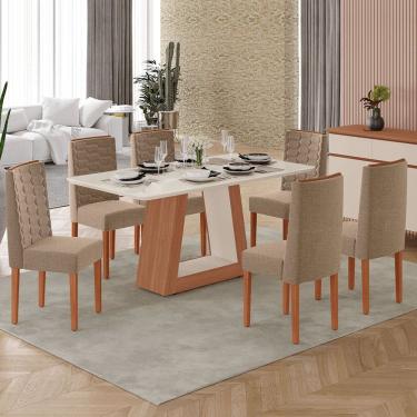 Imagem de Sala de Jantar Heloize 100% MDF Tampo de Vidro 1,60 + 6 Cadeiras Acolchoadas Coral Tuboarte