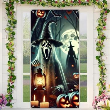 Imagem de BlissYard Capa de porta de Dia das Bruxas 188 x 89 cm para decoração de banners de porta de varanda de Natal Máscara de fantasma de outono Lanterna de bruxa Design de floresta para fundo de