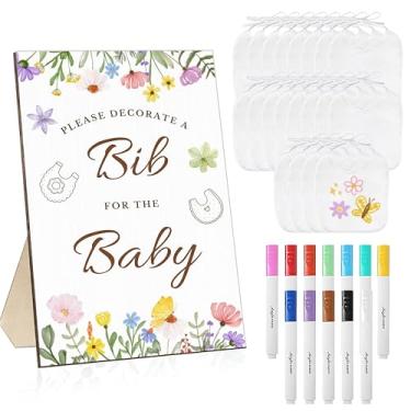 Imagem de Golibra Conjunto de decoração de babador de bebê, kit de jogo de chá de bebê de 33 peças com 20 babadores brancos, marcadores de tecido de 12 cores e 1 placa de jogo de vegetação de madeira, kit de
