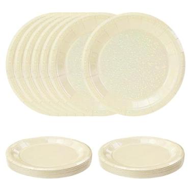 Imagem de SietDESEO 50 peças de pratos de papel marfim iridescente, pratos de sobremesa, prato holográfico de marfim descartável, para festa de aniversário, jantar, casamento, chá de bebê, prato de bolo com