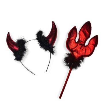 Imagem de Kit Diabinha Com Tiara Tridente Vermelho Halloween Carnaval - Evolutio