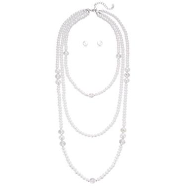 Imagem de Conjunto de colar e brinco de pérolas longas em camadas com contas de pérolas para mulheres, conjuntos de bijuterias brancas presentes para mãe, Pérola sintética, Sem Pedra Preciosa