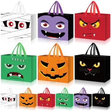 Imagem de Sweetude 12 unidades de sacos de petisco de Halloween com alças de 33 cm grandes não tecidos, reutilizáveis, abóbora, gato preto, mamãe, embrulho, presente, para lembrancinhas de festa de Halloween