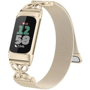 Imagem de GEAK Pulseira de metal compatível com Fitbit Charge 5/Charge 6 para mulheres, pulseira magnética leve de aço inoxidável com fecho seguro, carga respirável ajustável, 6 pulseiras de relógio para