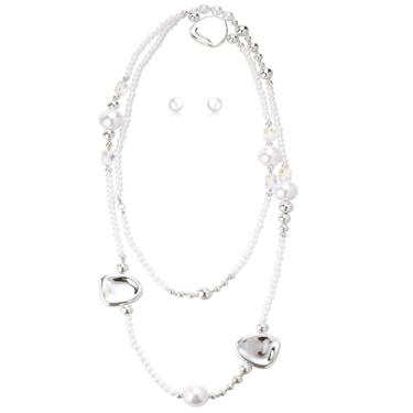 Imagem de Conjunto de colar e brinco de pérolas longas em camadas com contas de pérolas para mulheres, conjuntos de bijuterias brancas presentes para mãe, Pérola sintética, Sem Pedra Preciosa