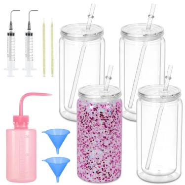 Imagem de Maucircol Copo acrílico para globo de neve de 473 ml, incluindo kit DIY, pacote com 4 copos de plástico transparente pré-perfurados de parede dupla para globo de neve com glitter, copo globo de neve