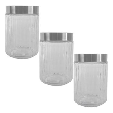 Imagem de Kit 3 Potes De Vidro Tampa De Inox Com Visor Acrílico 1,2L