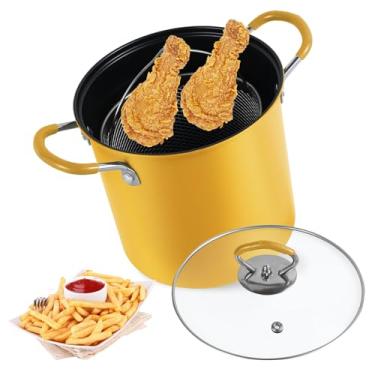 Imagem de Frigideira com cesto de coador, frigideira, aço inoxidável, frigideira, resistente ao calor, frigideira, mini óleo, fritadeira, recipiente de óleo para fritar peixe, camarão, 3L (amarelo)