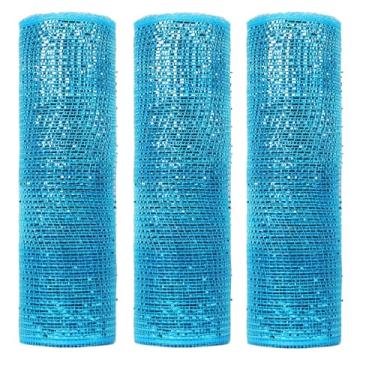 Imagem de JStnana Fita de malha decorativa azul lago com 3 rolos para artesanato, 25,4 cm x 7,6 m por rolo, rolos de fita de malha metálica azul de luxo para árvore de Natal, guirlanda de primavera, guirlanda