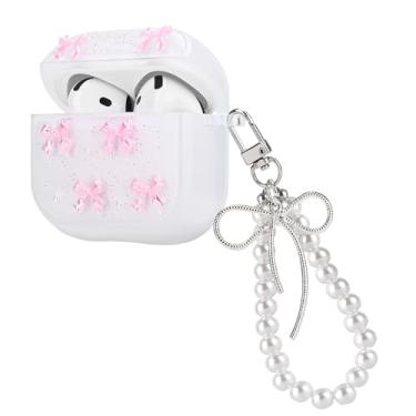 Imagem de CameCosy Capa compatível com Airpods 4 Geração 2024 com pingente de pérola, capa protetora com lindo design de gravata borboleta rosa para mulheres, à prova de choque, à prova de poeira, antiarranhões