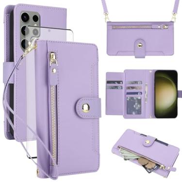 Imagem de Asuwish Capa de celular para Samsung Galaxy S23 Ultra 5G com zíper carteira, com protetor de tela de vidro temperado e alça, suporte para cartão de crédito S23Ultra 23S S 23 23Ultra 17.3 cm feminino