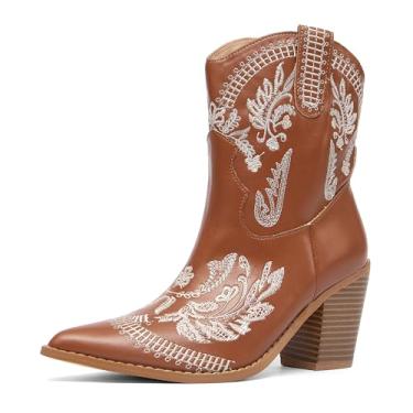 Imagem de NEWBELLA Botas femininas de cano curto cowgirl – Botas bordadas ocidentais com bico fino e salto grosso para moda country, Marrom, 40 BR