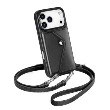 Imagem de LUCKYCOIN Capa de telefone transversal para iPhone 17 Pro, capa carteira de couro genuíno com suporte expansível para cartão, bolsa de telefone preta para mulheres com alça ajustável e removível