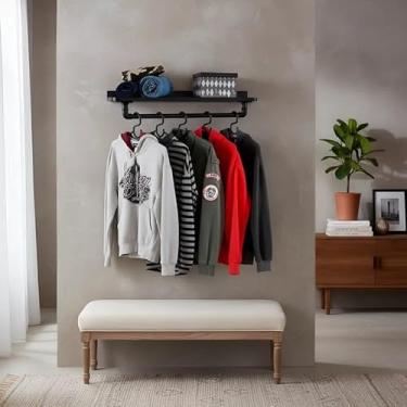 Imagem de Prateleira Suporte Cabideiro de Parede Roupas e Acessórios Estilo Industrial Preto Laca