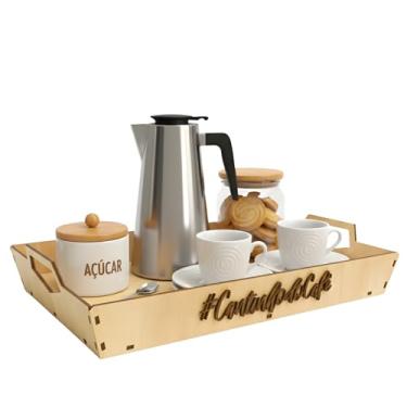 Imagem de Bandeja Decorativa Cantinho do Café em Madeira Pinus, 41x30x4,5cm, com Alças, Artesanal