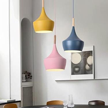 Imagem de Luminária pendente de ferro colorida LED E27 para sala de jantar, luminária de teto azul rosa amarela, abajur de madeira para decoração de sala de estar, luminária suspensa moderna para mesa