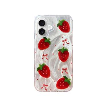 Imagem de Tewwsdi Capa de telefone fofa com glitter morango para iPhone 17 com design de bolinhas - Kawaii laço vermelho estética chique fruta capa de telefone presente feminino para mulheres, nunca desbota