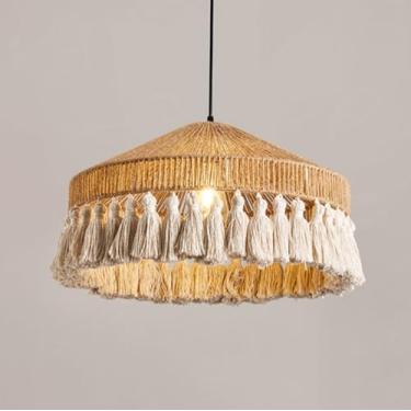 Imagem de Lustre Boho Coastal Rattan Hemp Rope Luminária pendente de meados do século Luminária de teto suspensa com cesta de vime vintage para sala de jantar Quarto infantil Hall de entrada de casa d