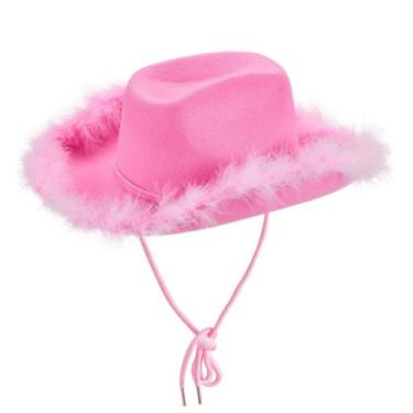 Imagem de Chapéu de cowboy Lizxun Felt Fluffy Trim Feather Brim Rosa