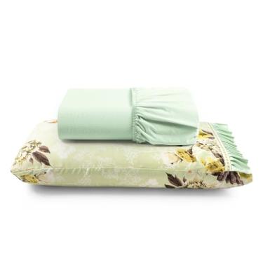 Imagem de Jogo Cama Lençol Fiore Solteiro Estampado 180 Fios 100% Algodão com Babadinho 2 Peças Verde Floral