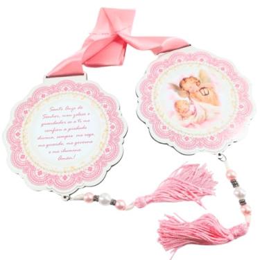 Imagem de Escapulário Decorativo Anjo da Guarda, MDF com Adesivo, 1,6 Metros, Fita Cetim, Azul ou Rosa, Pérolas 10mm e 12mm, com Caixa de Mensagem (Rosa)