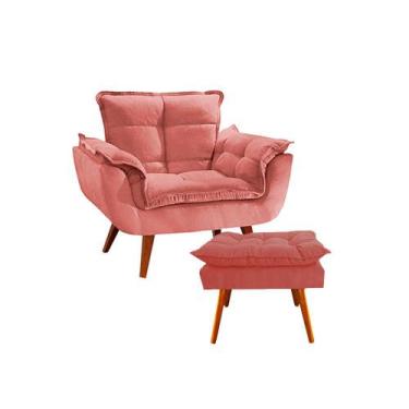 Imagem de Conjunto 1 Poltrona com 1 Puff Opala Luxo com Pés Estilo Retrô - Rosa 