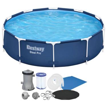 Imagem de Kit Piscina Estrutural Bestway 4.678 Litros Steel Pro MAX Completo: Filtro 127V + Capa + Forro