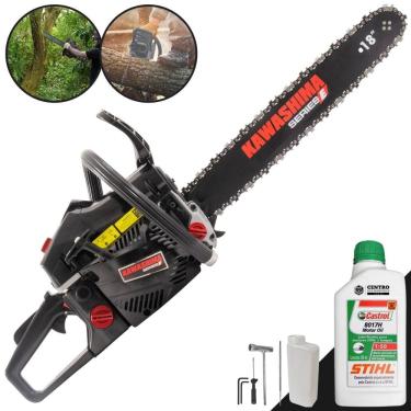 Imagem de Motosserra Moto Serra Motor Serra Kawashima KCS-580E À Gasolina 2T 54cc Profissional Com Sabre 18’` Ideal Para Corte de Lenha + ÓLEO STIHL 8017 2T