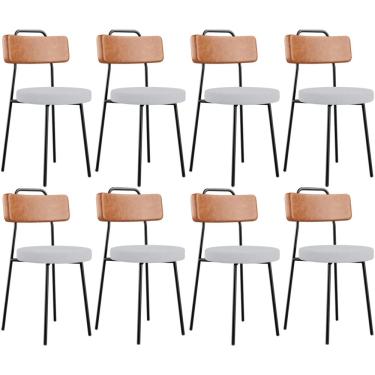 Imagem de Kit 08 Cadeiras Decorativas Estofada Sala Jantar Barcelona L02 Couríssimo Camel Linho Cinza - Lyam