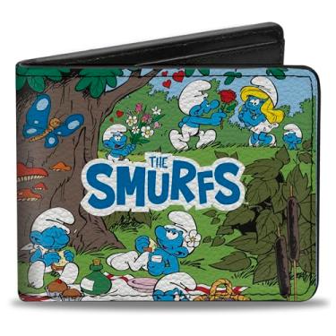 Imagem de Buckle-Down Carteira The Smurfs, Bifold, The Smurfs Picnic and Swimming Group Scene e logotipo do título, couro vegano