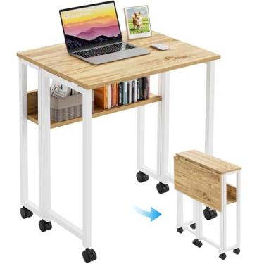 Imagem de GreenForest Mesa Dobrável Pequena com Rodinhas e Prateleira de Armazenamento, Mesa de Computador Dobrável de 63 cm com Rodas para Espaço Pequeno, Montagem Fácil, Carvalho