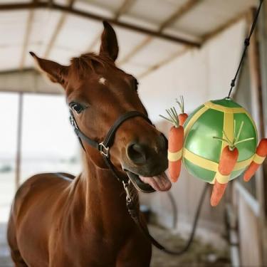 Imagem de DayoVortex Bola de petisco de cavalo – brinquedo de enriquecimento de cenoura azul e verde para acalmar e brincar, previne o tédio para alimentador de quebra-cabeça de cavalo - bola alegre (verde)