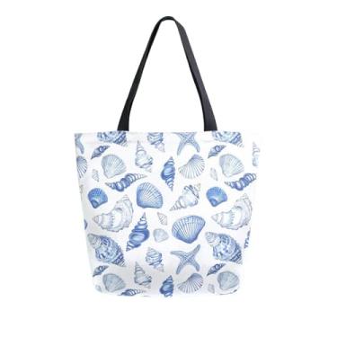 Imagem de Sacola feminina de lona azul e branca com conchas, bolsa de ombro, reutilizável para compras de compras