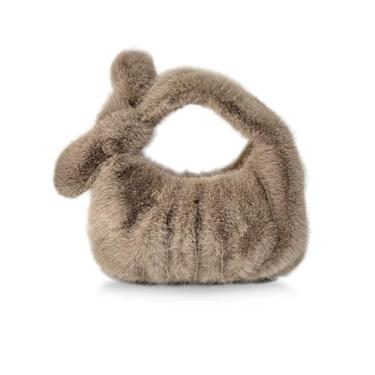 Imagem de Sacola feminina peluda de pele sintética minisbolsas de pelúcia pequena bolsa outono e inverno bolsa de mão DJ, Marrom