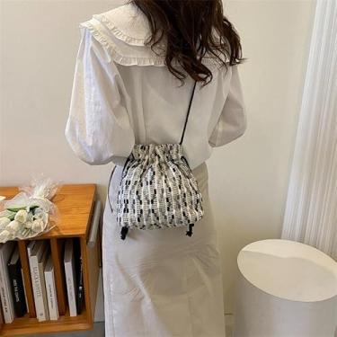 Imagem de Bolsa feminina de tecido de verão, bolsa tiracolo casual com design de cordão, bolsa tote para uso diário, Preto