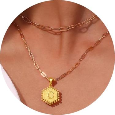 Imagem de Colar personalizado com pingente de letra A-Z, design hexagonal de corrente de camada dupla, joia minimalista de aço inoxidável para mulheres, F, Aço inoxidável, Sem Pedra Preciosa