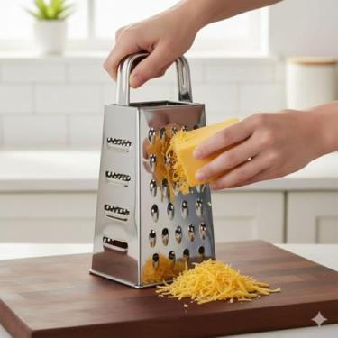 Imagem de Ralador 4 Faces em Aço Inox 18cm – Multiuso, Durável e Antiferrugem | Rala Queijo, Legumes, Frutas e Chocolate com Corte Fino, Grosso e Fatiador | Utensílio de Cozinha Prático e Eficiente