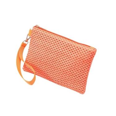 Imagem de Bolsa clutch de palha para mulheres, bolsa de mão de palha boêmia pequena bolsa de praia de verão carteira de pulso com zíper bolsa pequena carteira, Laranja