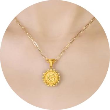 Imagem de Colar com inicial para mulheres, colar com pingente de letra, corrente de clipe de papel, joia de monograma, moeda do alfabeto, pronto em camadas, 14+2in, Aço inoxidável, Sem Pedra Preciosa