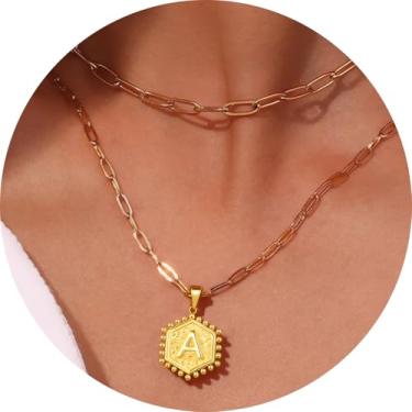 Imagem de Colar feminino com inicial em camadas, aço inoxidável banhado a ouro 18K, pingente de clipe de papel duplo A a Z, conjunto de duas correntes destacáveis, 16.5in/ 14+2in, Aço inoxidável, Sem Pedra