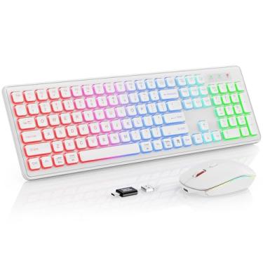Imagem de Trueque - Teclado e Mouse Sem Fio - Retroiluminado RGB, Layout QWERTY, Compatível com Windows, Mac, Linux e Chrome - 2,4 GHz - Branco