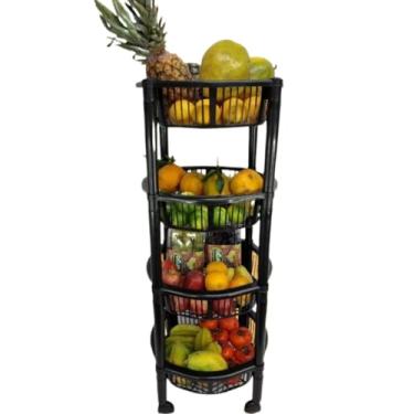 Imagem de Fruteira Multiuso 4 Andares Preta com Rodinhas – Cesto Organizador Empilhável, Compacto e Resistente para Frutas, Legumes e Utensílios de Cozinha