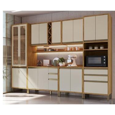 Imagem de Cozinha Modulada Completa 6 Peças 16 Portas Com Vidro E Tampo 100% Mdf Barbados Espresso Móveis Amêndoa-off White