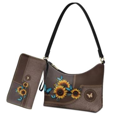 Imagem de Sannovo Bolsa feminina de ombro nas axilas com conjunto de carteira marrom sob o braço bolsas com alça crescente para encontros de compras, Girassol de borboleta marrom, Small
