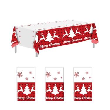 Imagem de Goodluck Pacote com 3 toalhas de mesa de plástico de Natal 137 x 272 cm – vermelho e branco com estampa de rena, capas de mesa descartáveis à prova d'água para festas, jantares de Natal e reuniões de