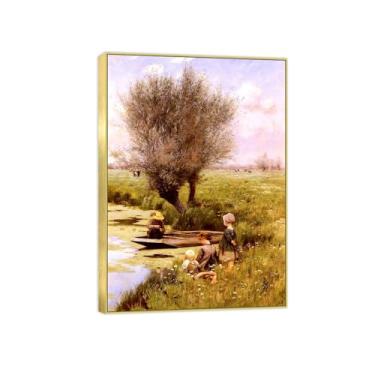 Imagem de BMZFYBS Imagem de arte de parede de paisagem - Impressões em tela vintage - Tarde ao longo do rio - Pintura com moldura dourada para sala de estar decoração de casa de fazenda 90 x 125 cm 35 x 49 pol