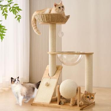 Imagem de HITTITE Torre de madeira maciça para gatos com poste para arranhar, torres para gatos de 92 cm de altura com tábua de arranhar e bola arranhadora, torre moderna para gatos com cápsula espacial e cesta